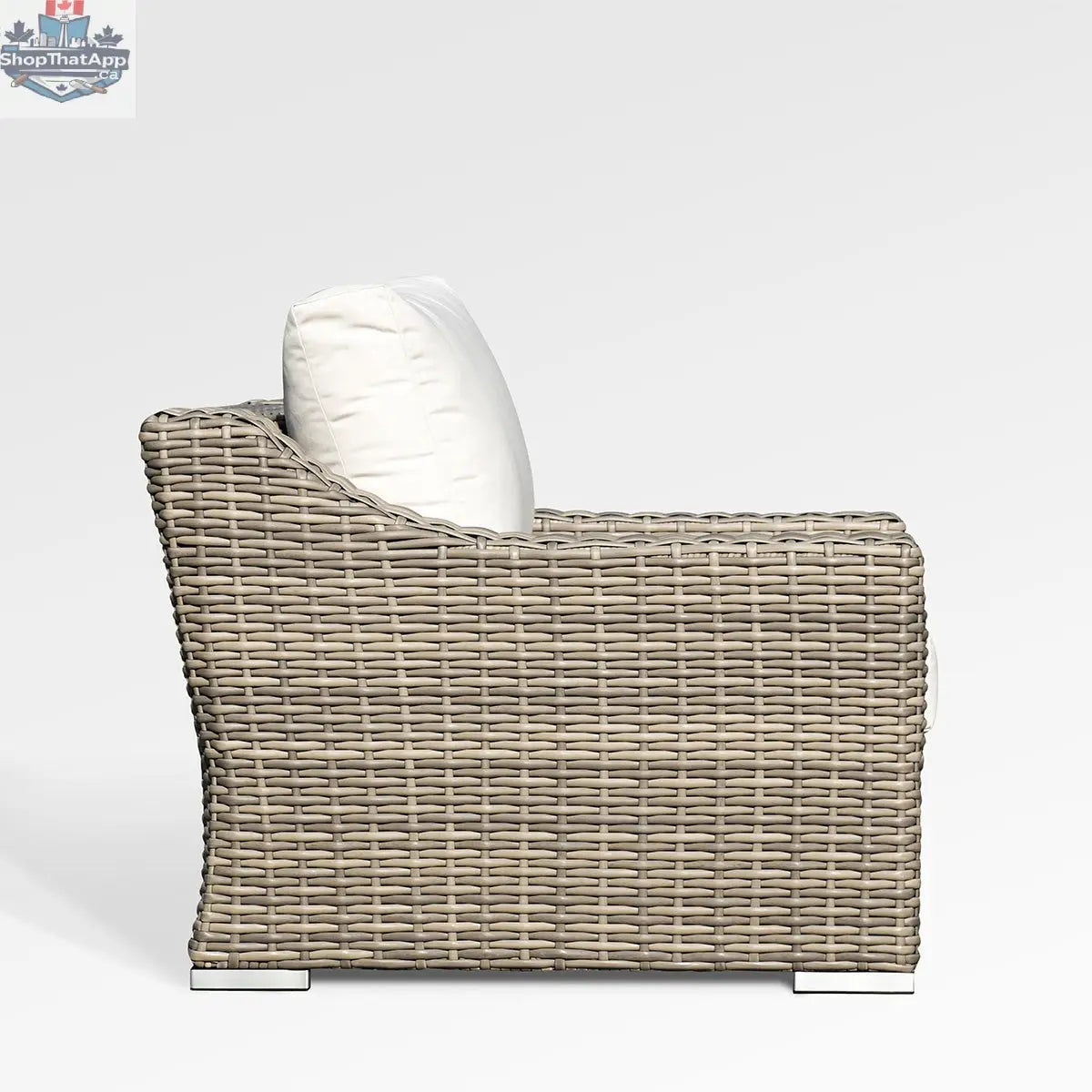 Enclover Tulip lounge chair with Sunbrella cushions, shown from the side, paired with a pine sling loveseat.
