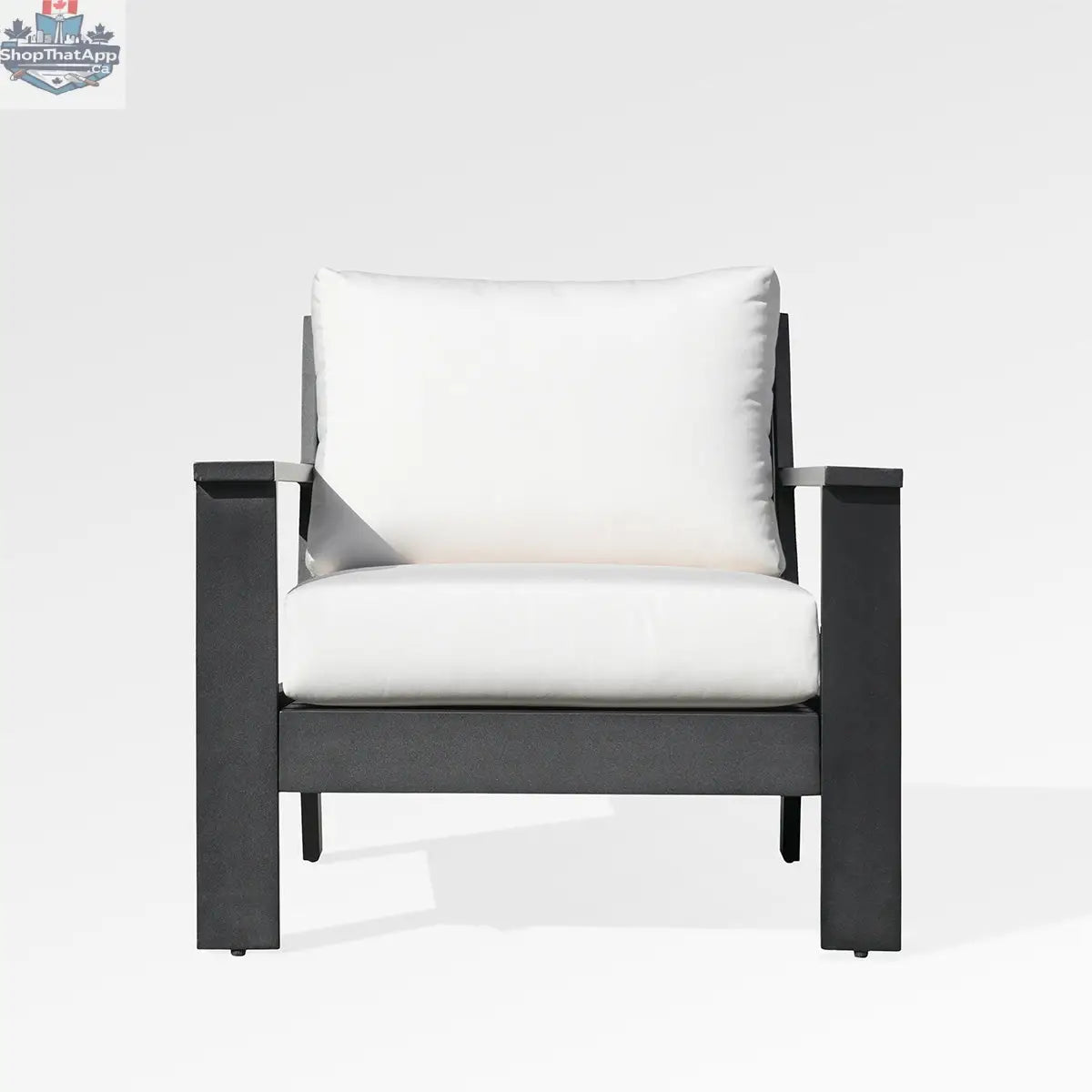 Enclover Magnolia black aluminum club chair with Sunbrella® white canvas cushions, modern outdoor seating with sleek design.