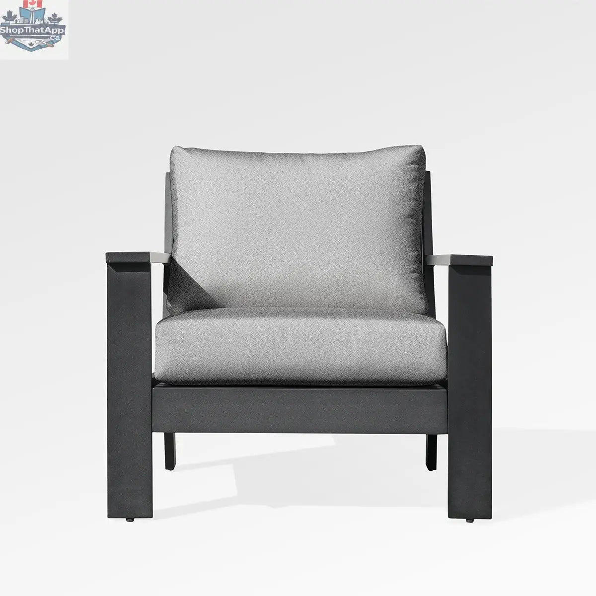 Magnolia black aluminum club chair with Sunbrella® granite cushions, modern outdoor seating by Enclover.