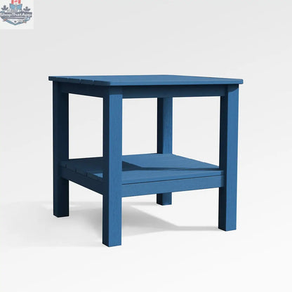 Enclover Modern Adirondack End Table with square design, outdoor furniture, weather-resistant wood finish, ideal for patios and gardens.