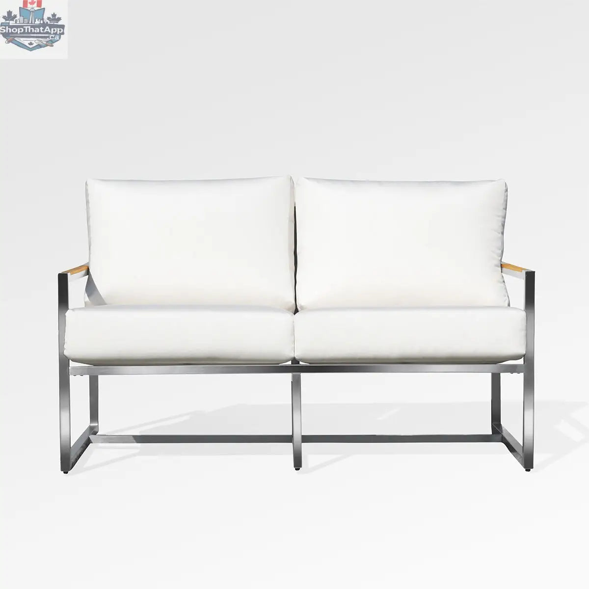 Enclover Acacia loveseat with white Sunbrella cushions, durable design, and comfortable seating for outdoor spaces.