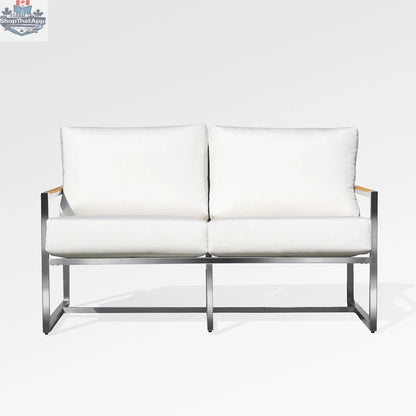 Enclover Acacia loveseat with white Sunbrella cushions, durable design, and comfortable seating for outdoor spaces.
