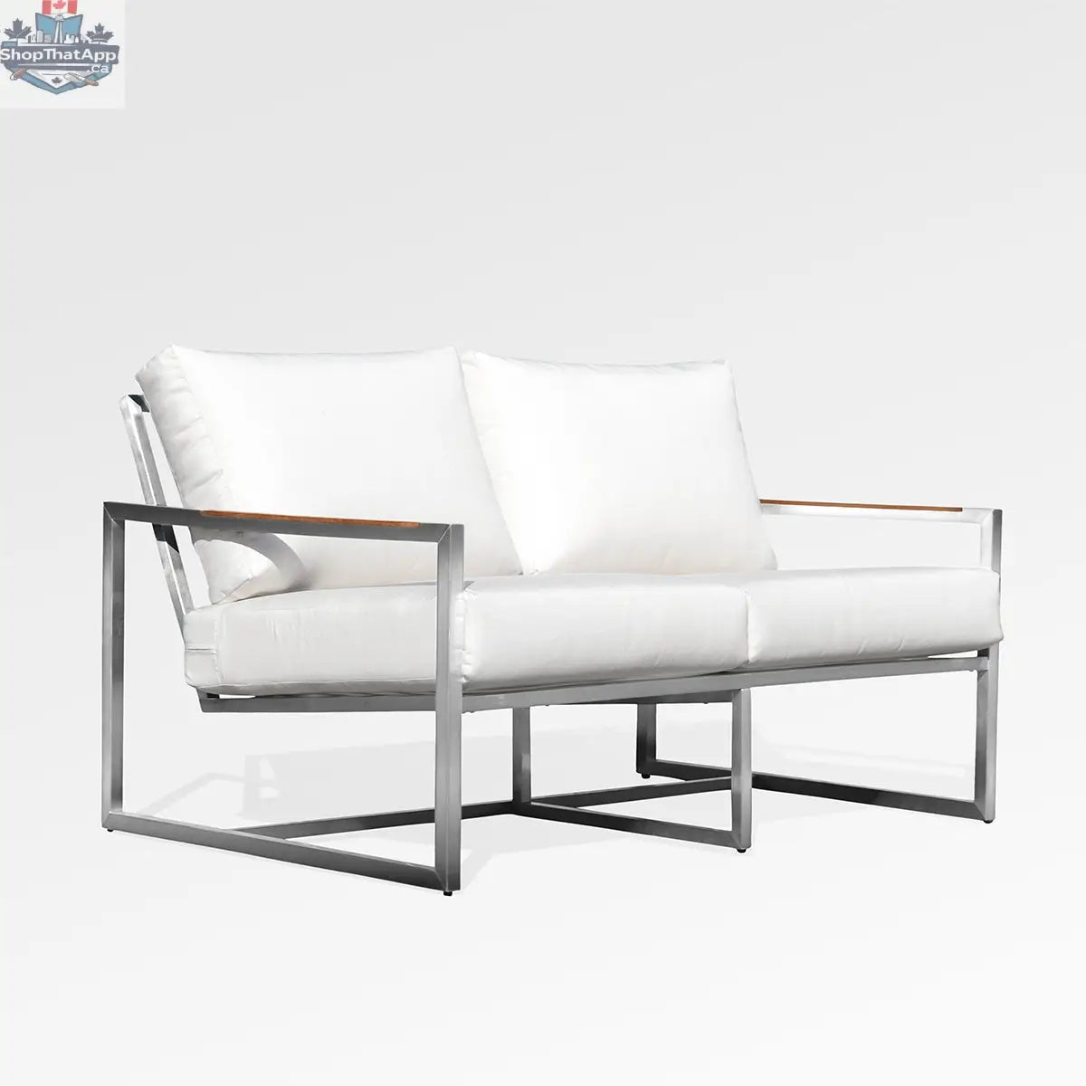 Enclover Acacia loveseat with white Sunbrella cushions, showcasing a durable frame and comfortable seating design.