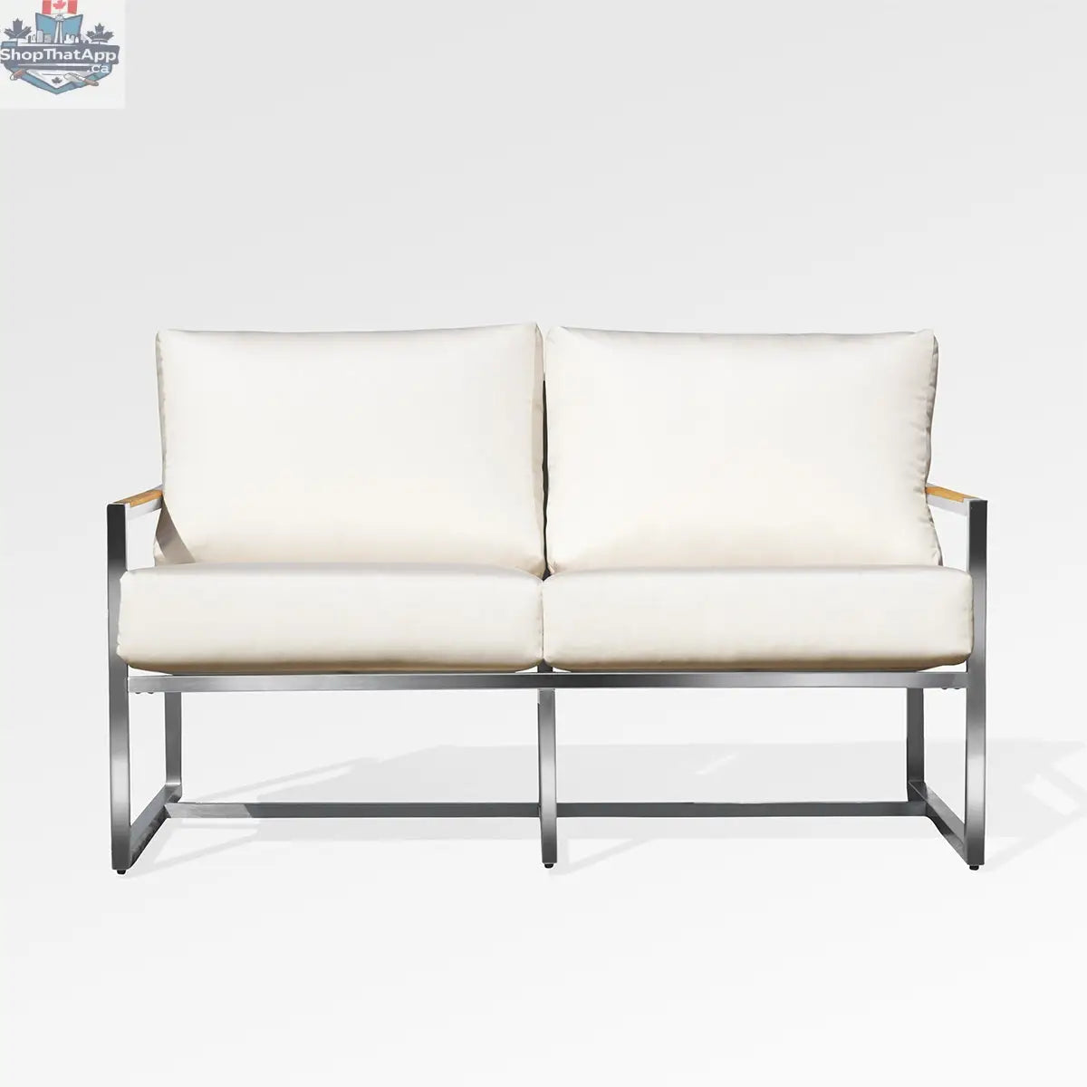 Enclover Acacia loveseat with durable frame and Sunbrella® cushions, shown from the front with bird's eye view fabric pattern.