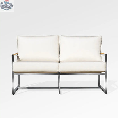 Enclover Acacia loveseat with durable frame and Sunbrella® cushions, shown from the front with bird's eye view fabric pattern.