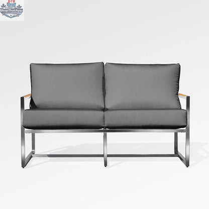 Enclover Acacia loveseat with durable frame and Sunbrella® cushions, featuring a slate-colored fabric and comfortable seating.