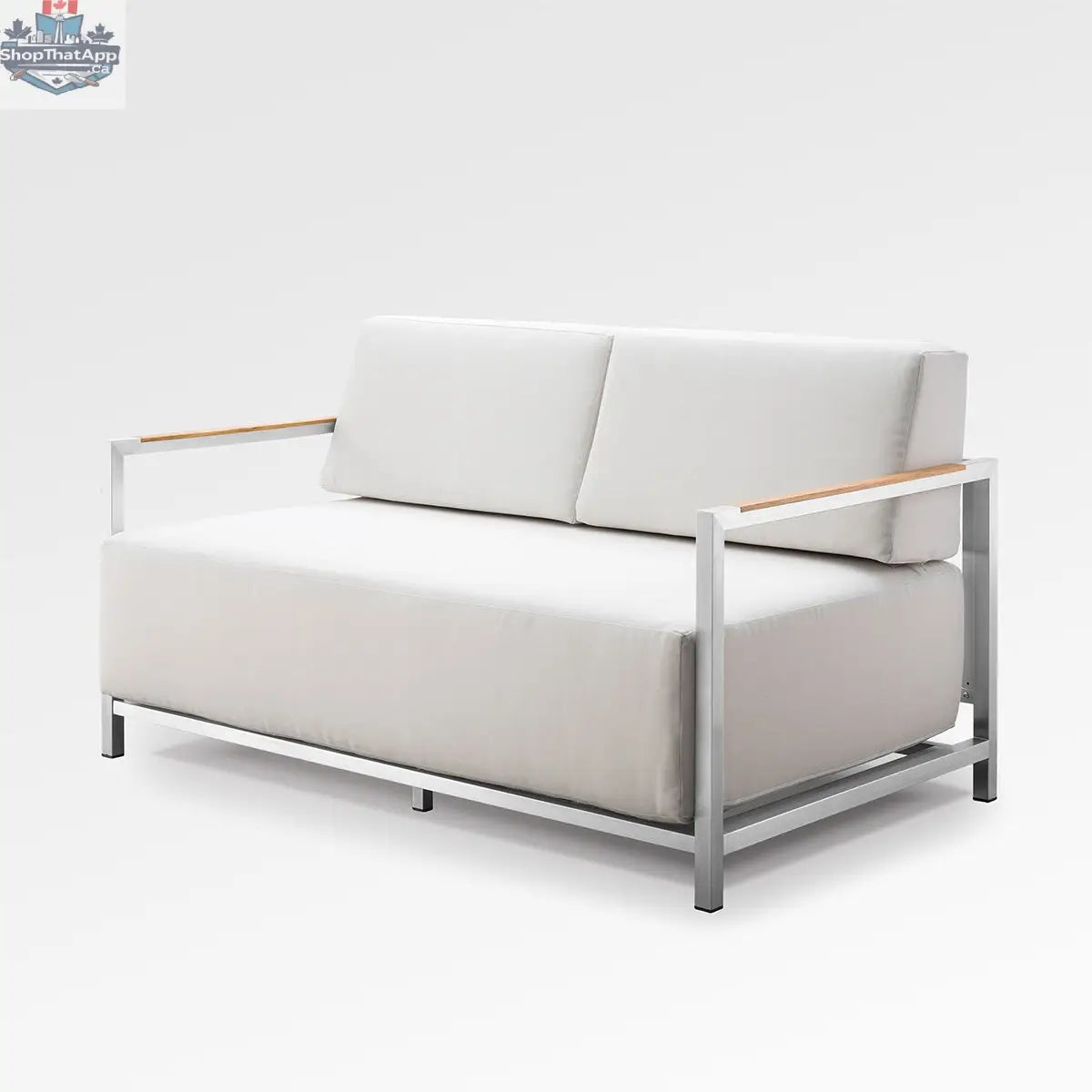 Enclover Acacia Lux loveseat with silver cast frame and Sunbrella® cushions, showcasing a stylish outdoor seating option.