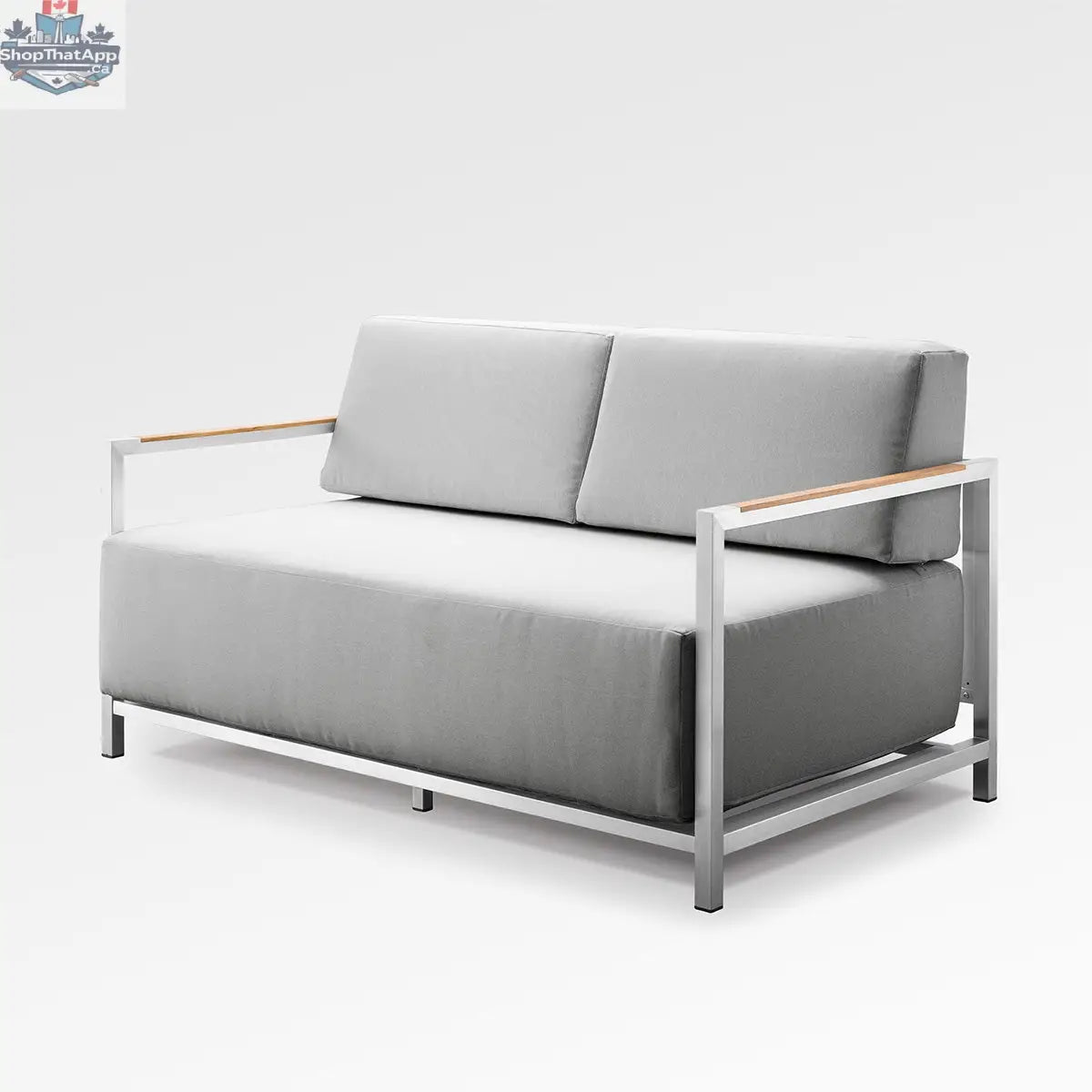 Enclover Acacia Lux loveseat with Sunbrella® cushions, featuring a stylish wooden frame and plush seating for outdoor relaxation.