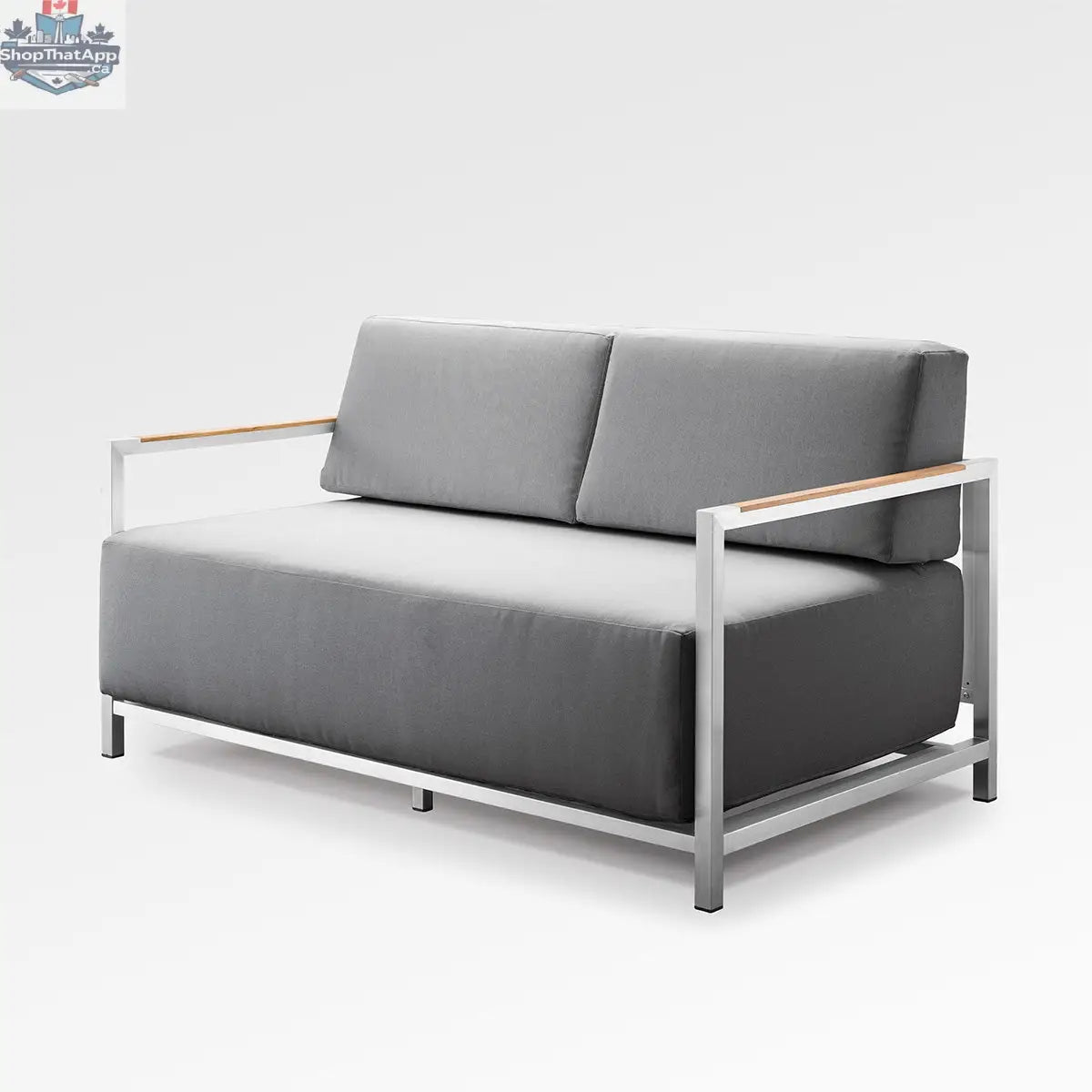 Enclover Acacia Lux loveseat with Sunbrella cushions, showcasing its stylish design and comfortable seating arrangement.