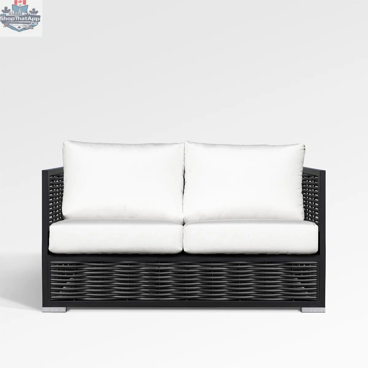 Enclover Chestnut loveseat with Sunbrella® cushions, featuring a cozy wooden frame and plush fabric cushions.