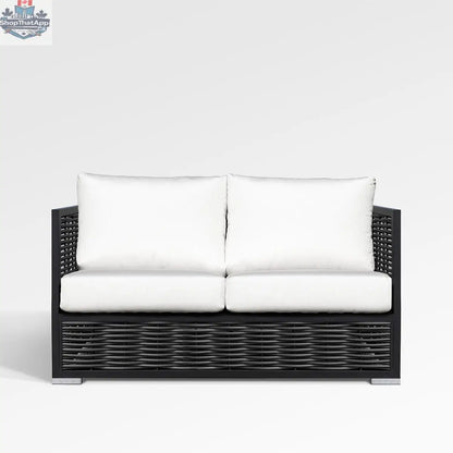 Enclover Chestnut loveseat with Sunbrella® cushions, featuring a cozy wooden frame and plush fabric cushions.