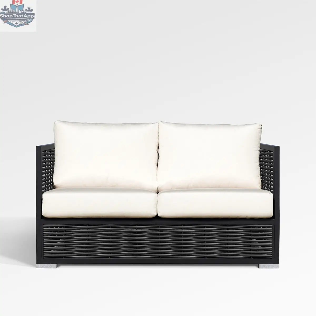 Chestnut loveseat by Enclover with Sunbrella® cushions, showcasing a cozy outdoor seating area with plush cushions and wooden frame.