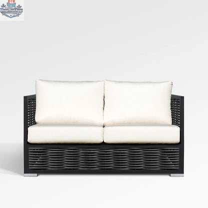 Chestnut loveseat by Enclover with Sunbrella® cushions, showcasing a cozy outdoor seating area with plush cushions and wooden frame.