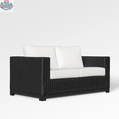 Enclover Trillium loveseat with Sunbrella cushions, stylish outdoor seating for relaxing in your patio or garden space.