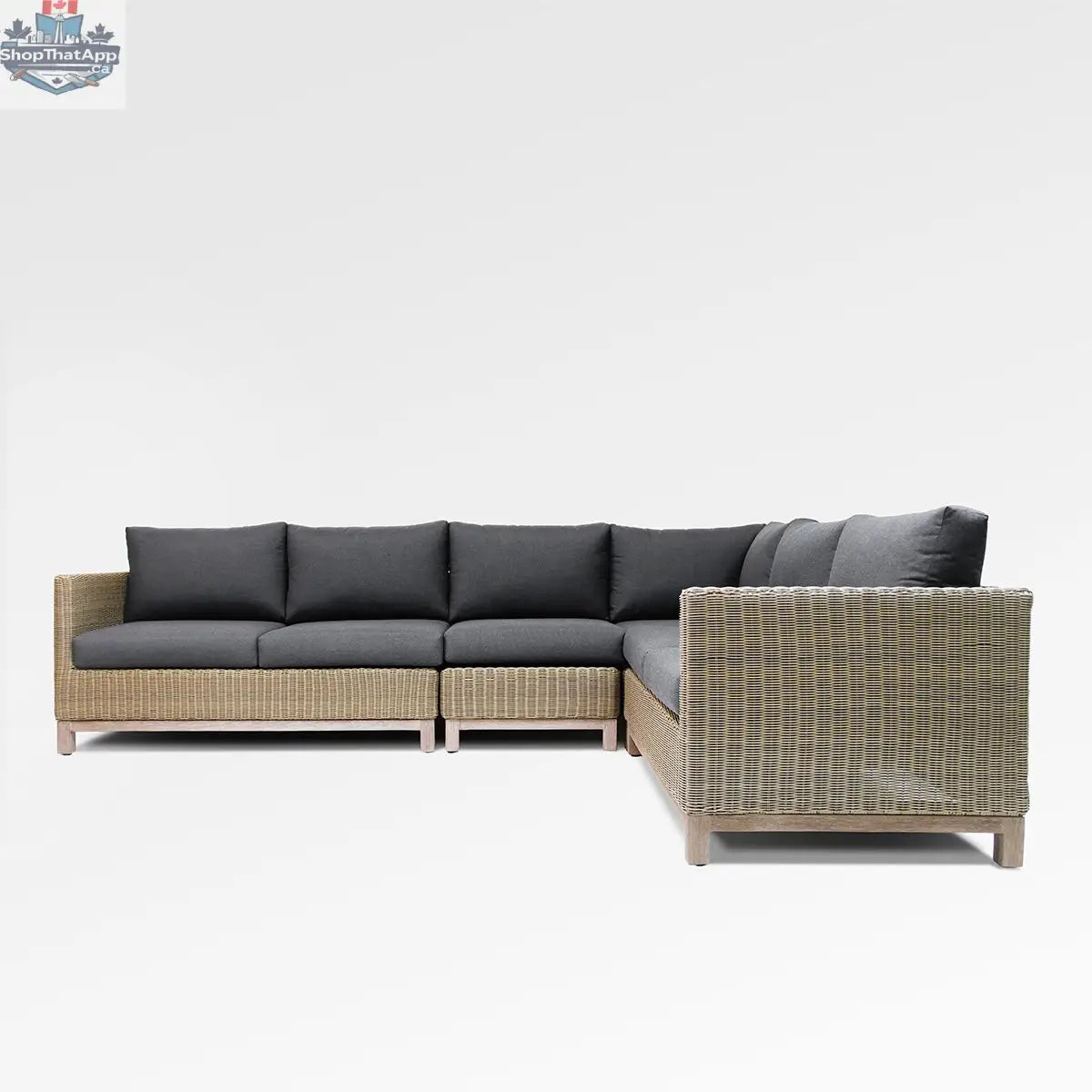 Enclover olive sectional sofa with Sunbrella Spectrum Carbon cushions, designed for six-seat comfort, featuring a modern sectional layout.