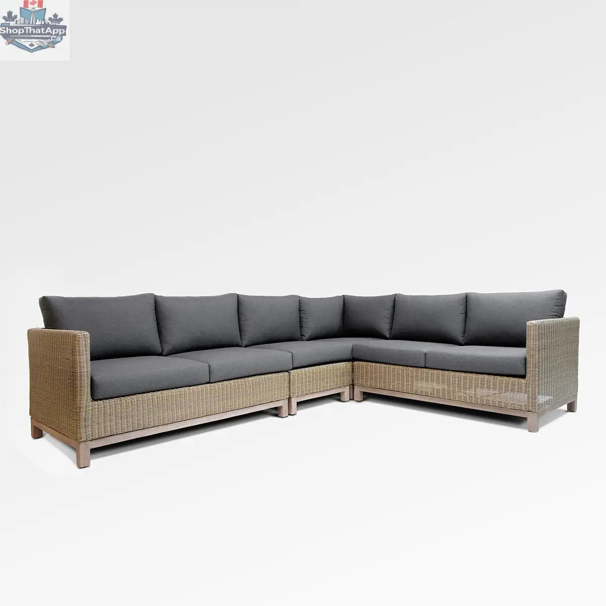 Enclover olive sectional sofa with Sunbrella Spectrum Carbon cushions, designed for 6-seat comfort, outdoor lounge furniture