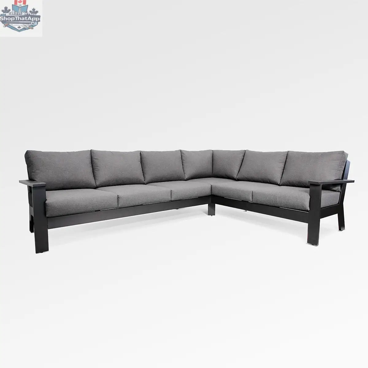 Magnolia black aluminum sectional with Sunbrella® cast slate cushions, featuring a modern outdoor seating design by Enclover.