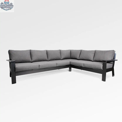 Magnolia black aluminum sectional with Sunbrella® cast slate cushions, featuring a modern outdoor seating design by Enclover.