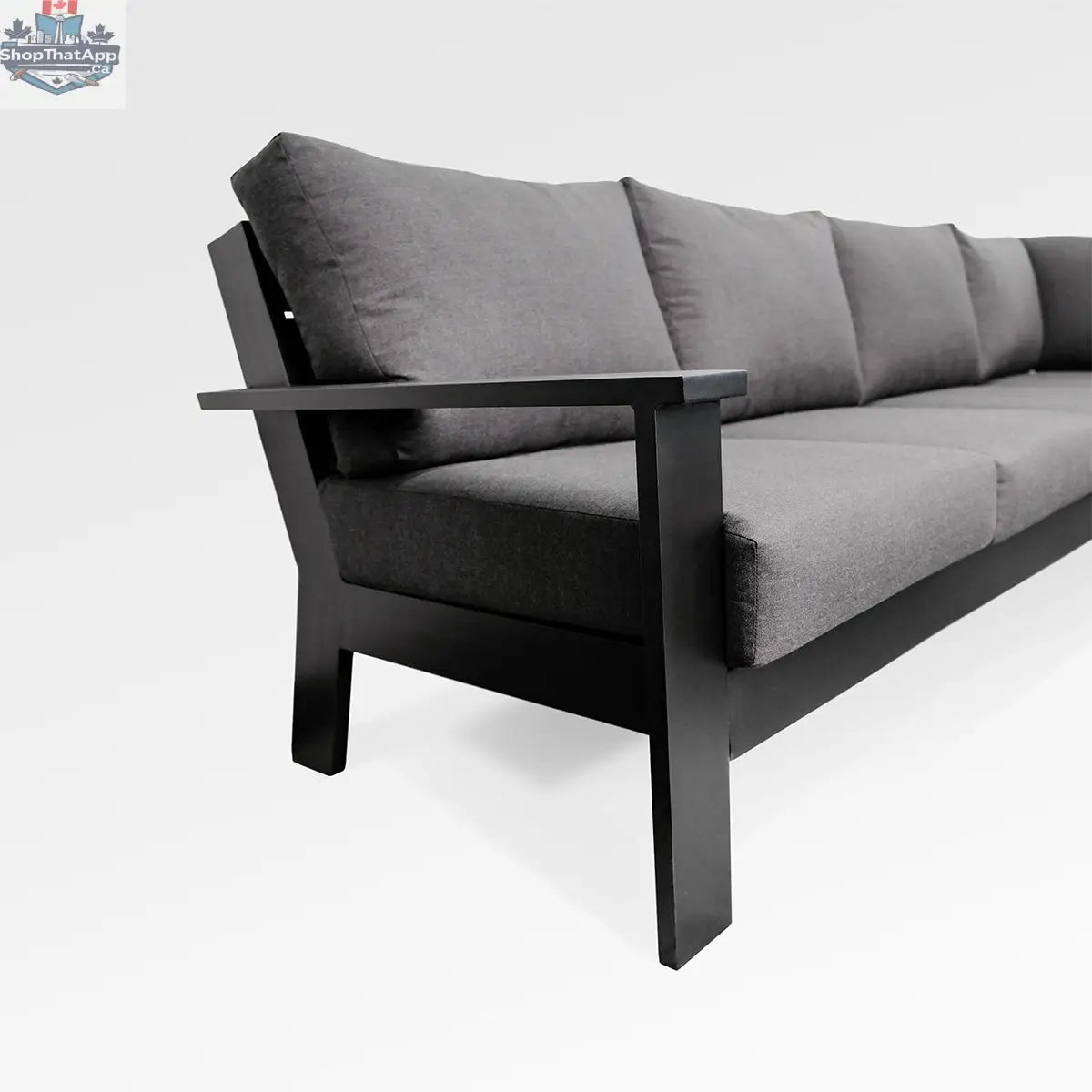 Magnolia black aluminum sectional sofa by Enclover with Sunbrella® cast slate cushions and detailed frame design.