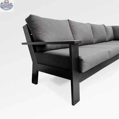 Magnolia black aluminum sectional sofa by Enclover with Sunbrella® cast slate cushions and detailed frame design.