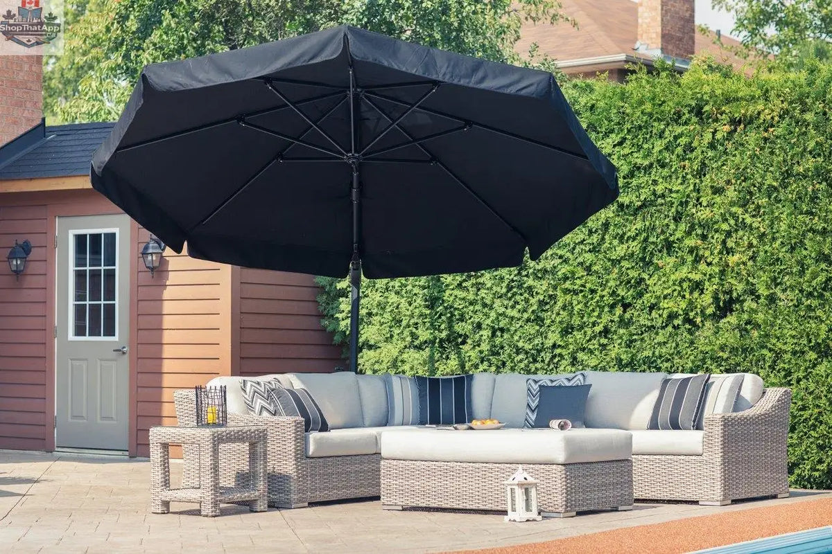 Enclover Tulip sectional sofa with Sunbrella® cushions, 6 seats, featuring a front view with umbrella, ottoman, and end table.