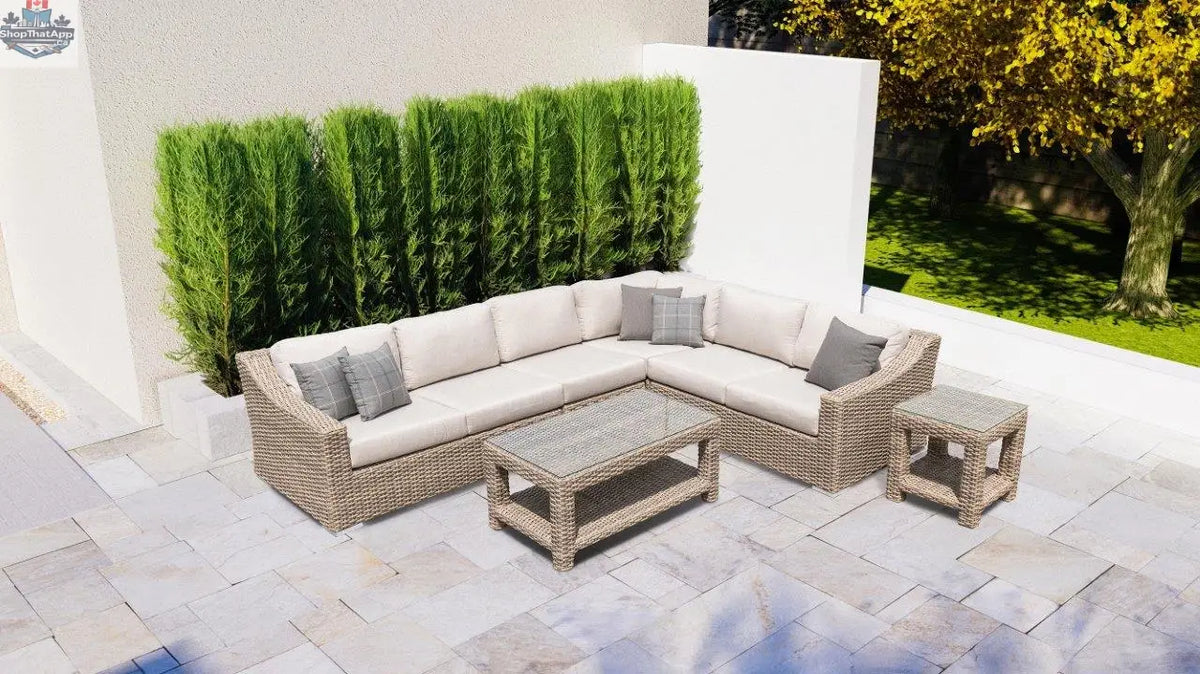 Front view of Enclover Tulip sectional sofa with six seats and Sunbrella® cushions, showcasing its modern design and comfortable seating.