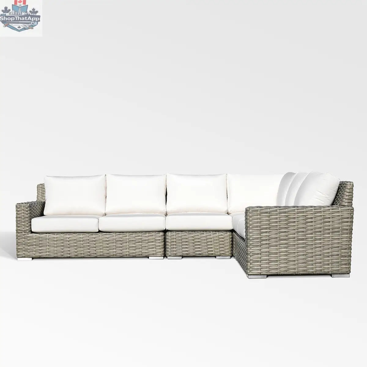Enclover Jasmine sectional sofa with Sunbrella white canvas cushions, showcasing a modern, comfortable, and stylish living room setup.