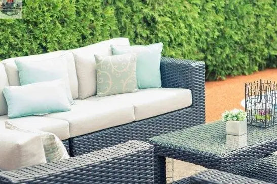 Enclover Trillium 6-seat sectional with Sunbrella cushions, view of the back and loveseat for outdoor seating comfort.