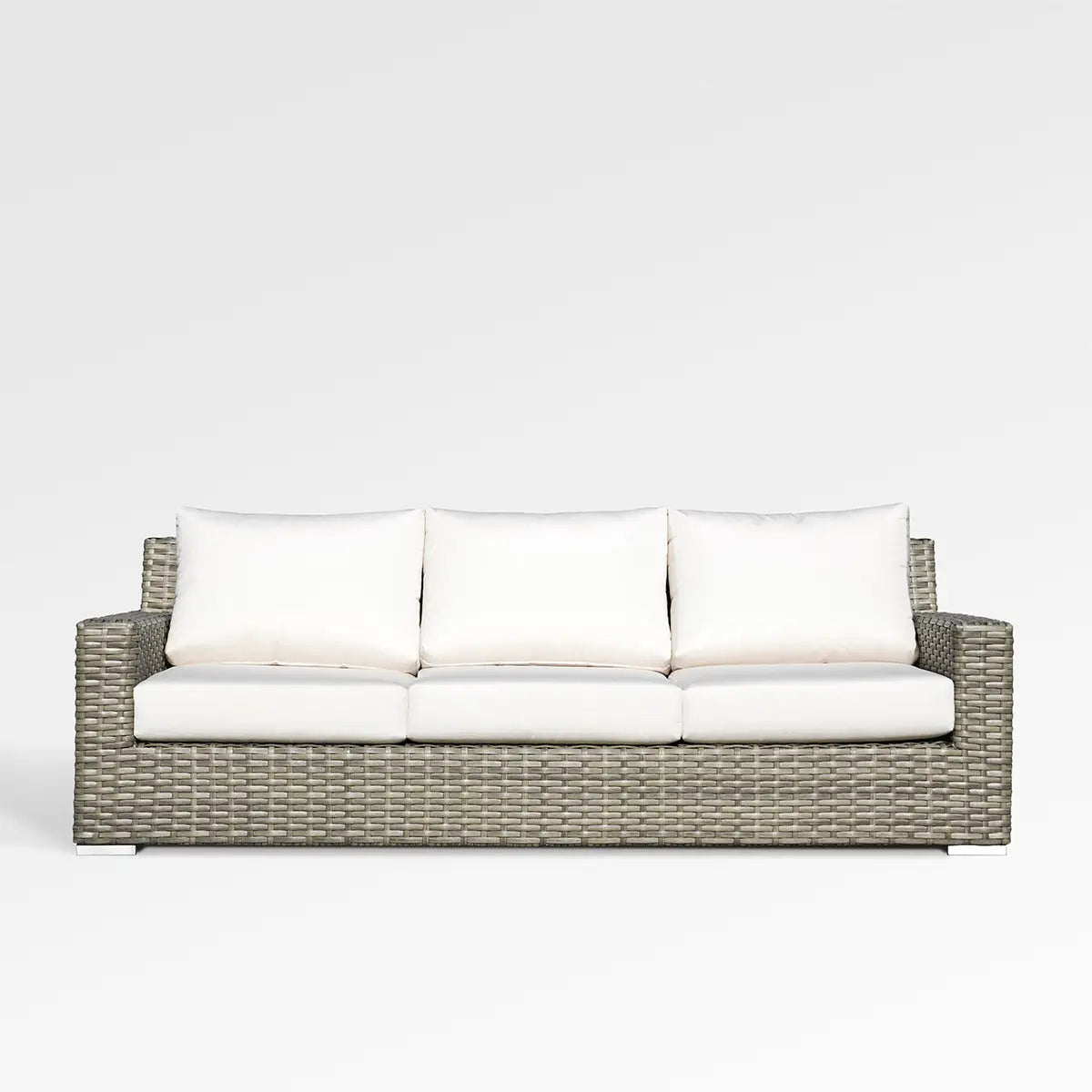 Enclover Jasmine outdoor sofa with white Sunbrella cushions, stylish and comfortable for outdoor lounging.