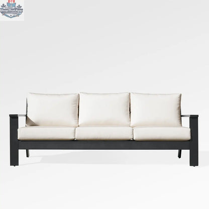 Magnolia black aluminum sofa set by Enclover with Sunbrella® cushions, featuring a contemporary design and bird-patterned fabric.