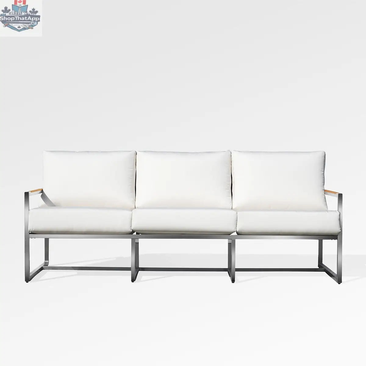 Enclover Acacia outdoor sofa with Sunbrella white canvas cushions, stylish and comfortable for outdoor lounging and relaxation.
