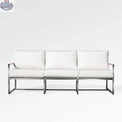 Enclover Acacia outdoor sofa with Sunbrella white canvas cushions, stylish and comfortable for outdoor lounging and relaxation.