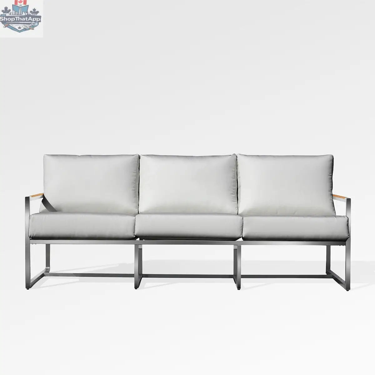 Enclover Acacia outdoor sofa with Sunbrella cushions in Granite, showcasing comfortable seating and stylish design.