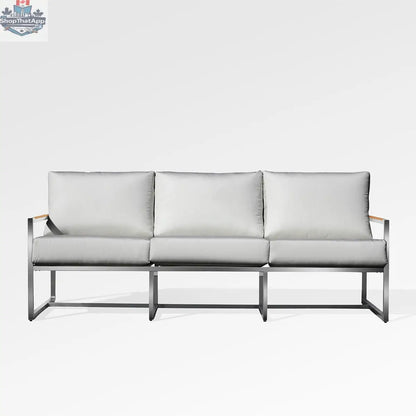 Enclover Acacia outdoor sofa with Sunbrella cushions in Granite, showcasing comfortable seating and stylish design.