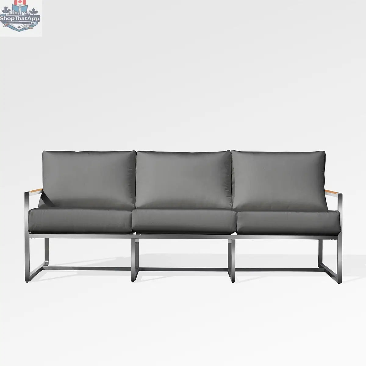 Enclover Acacia outdoor sofa with Sunbrella cushions, featuring a stylish cast slate finish and plush seating for outdoor comfort.