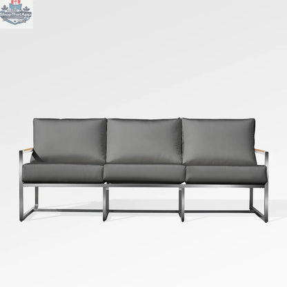 Enclover Acacia outdoor sofa with Sunbrella cushions, featuring a stylish cast slate finish and plush seating for outdoor comfort.