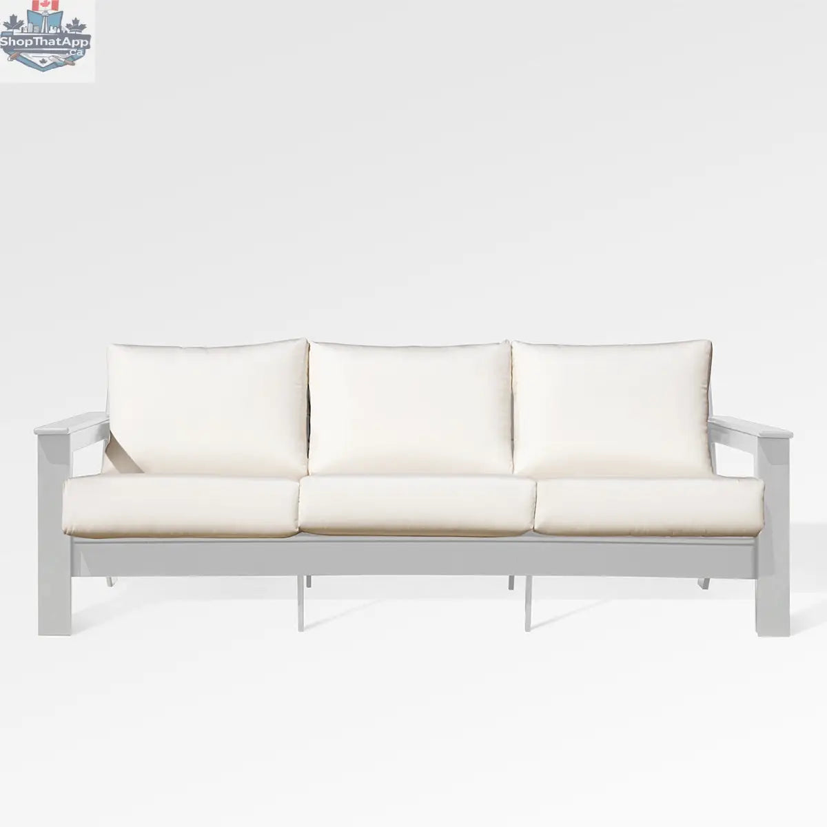 Enclover Hickory outdoor sofa with white Sunbrella cushion, stylish patio furniture with comfortable seating and modern design.