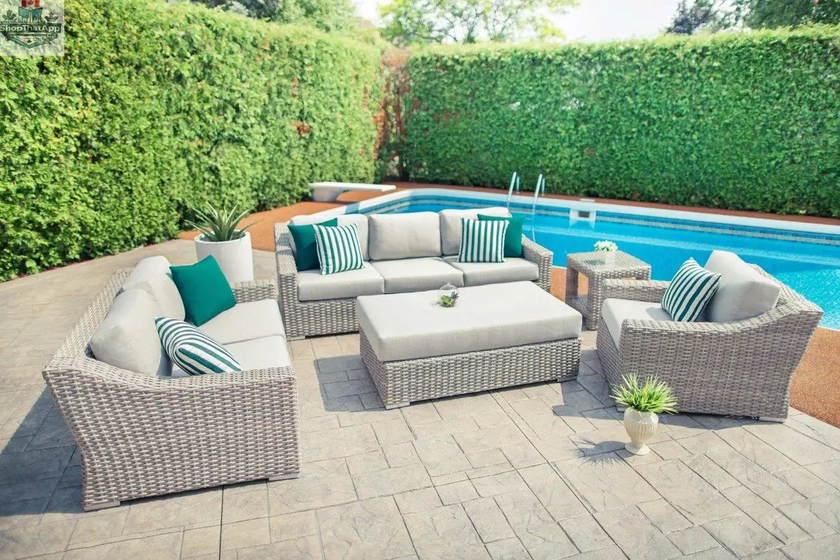 Enclover Tulip outdoor sofa with Sunbrella cushions, stylish and comfortable seating for outdoor relaxation and entertaining.