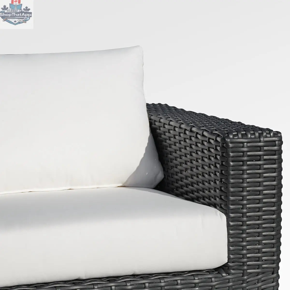 Close-up of Enclover Trillium sofa with Sunbrella cushions, showcasing plush seating and stylish design for comfortable lounging.