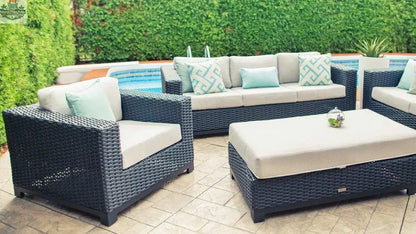 Enclover Trillium sofa with Sunbrella cushions, featuring a stylish, comfortable design with a front view of the loveseat and club chair.