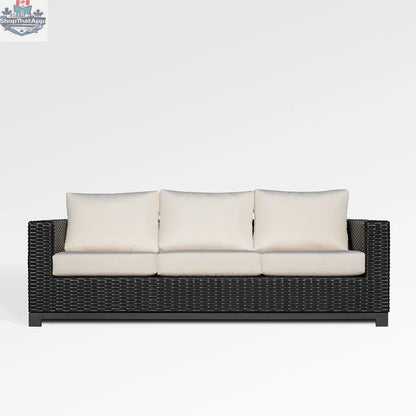 Enclover Trillium sofa with Sunbrella cushions, showcasing its stylish design and plush comfort for modern living spaces.