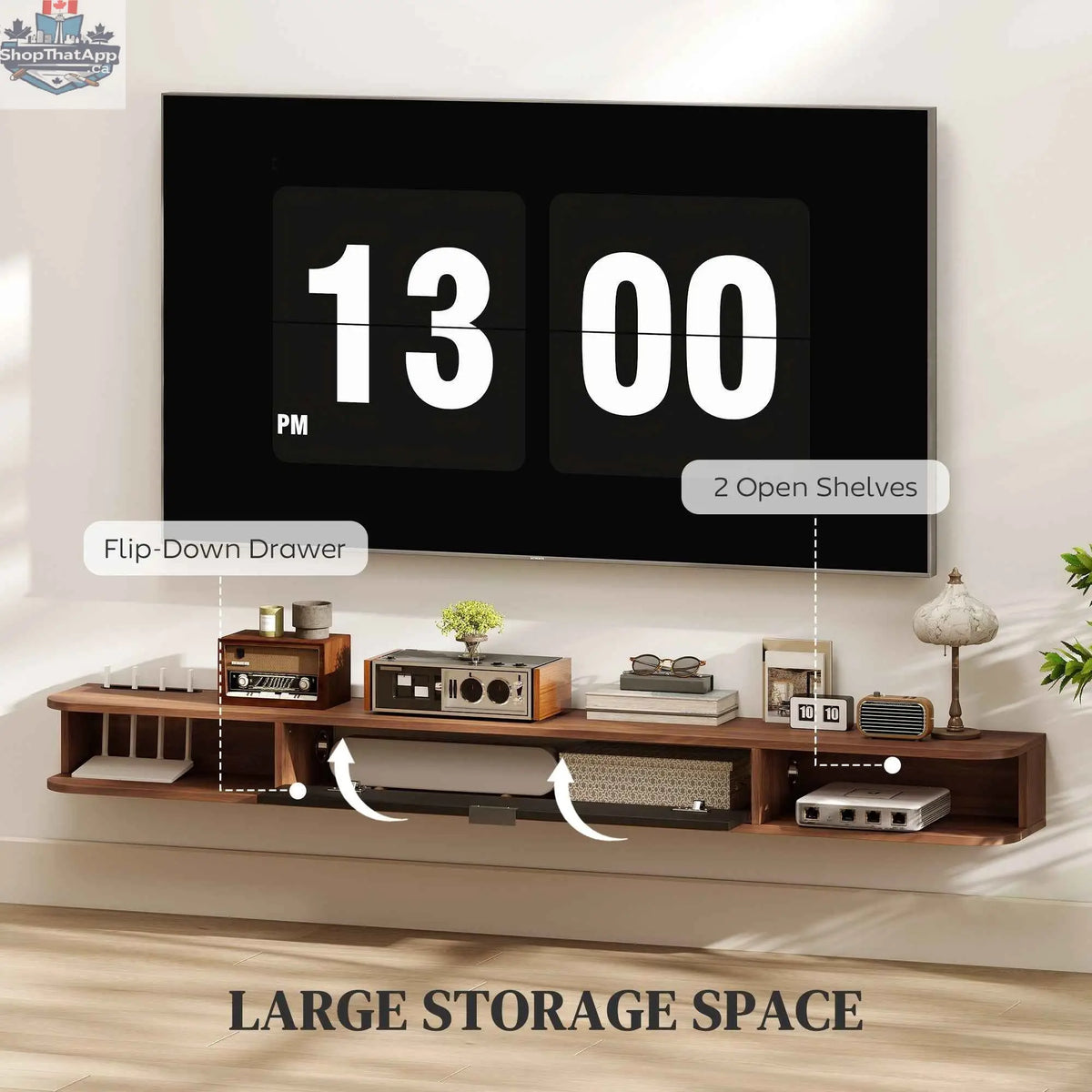 SLOTH Nation Lennox Walnut floating TV stand for TVs up to 75 inches with flip drawer, modern living room furniture.