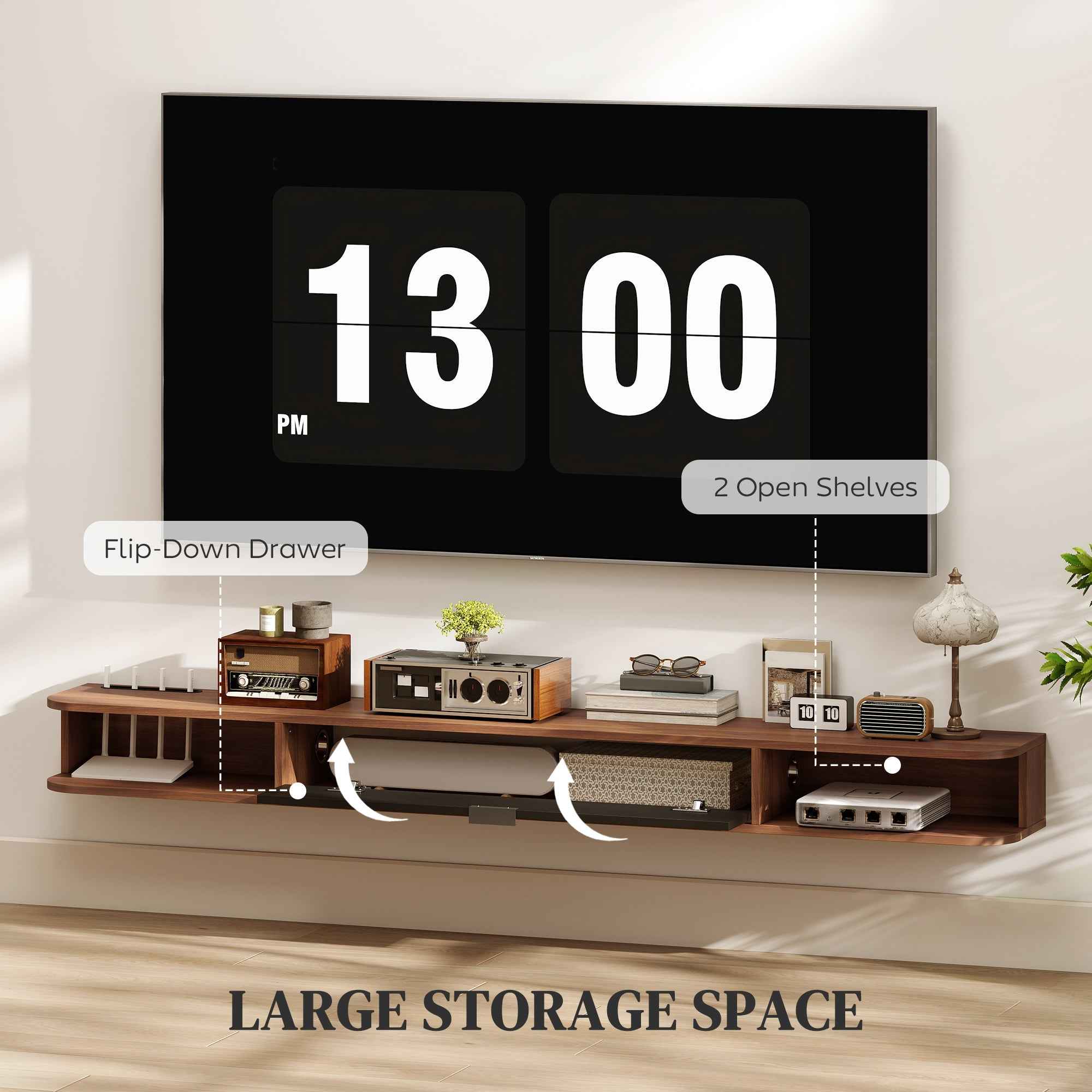 Lennox Floating TV Stand for TVs up to 75" with Flip Drawer-Walnut