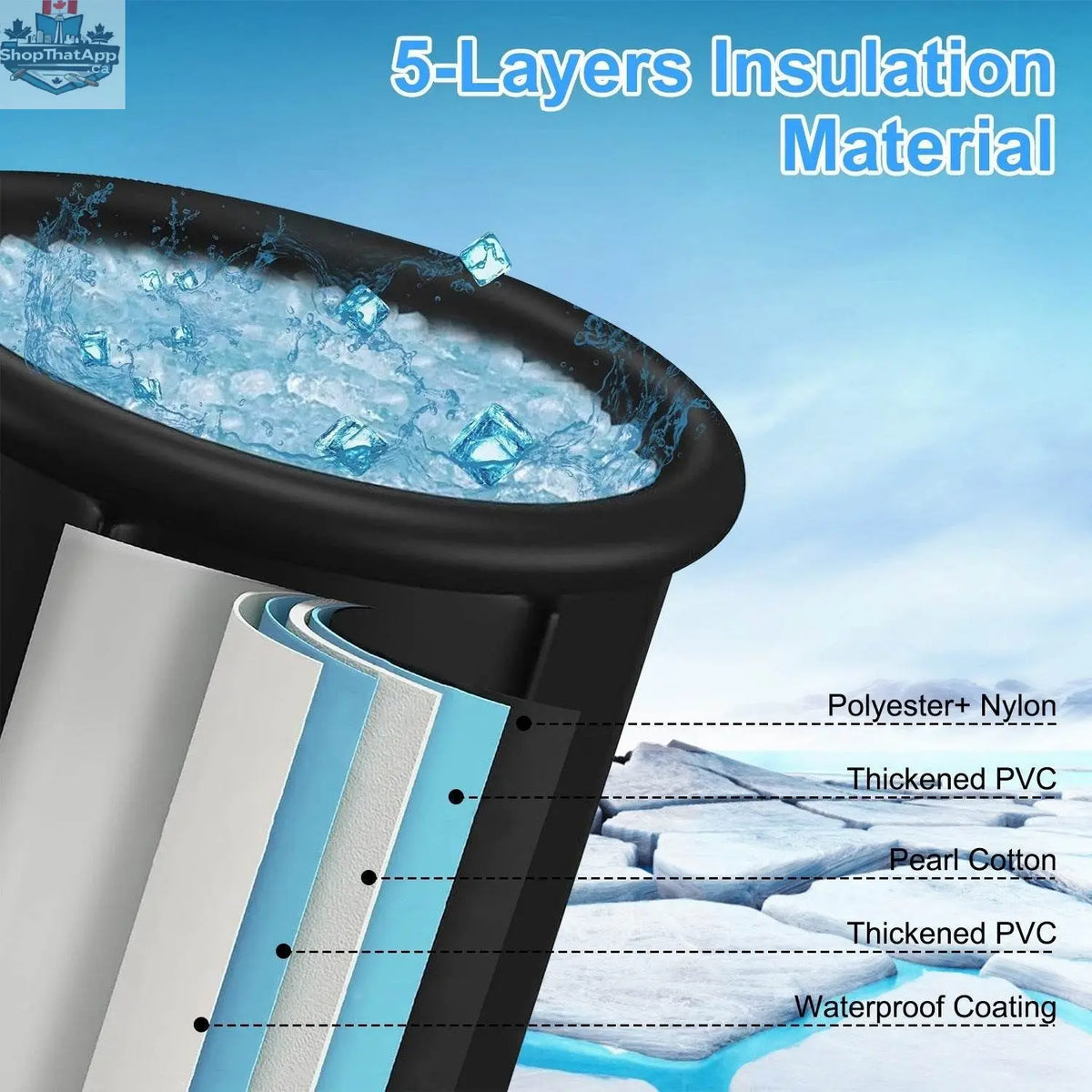 Large ice bath tub with cover for adults, portable cold plunge, 33x33x30 inches, with folding ladder and high load capacity.
