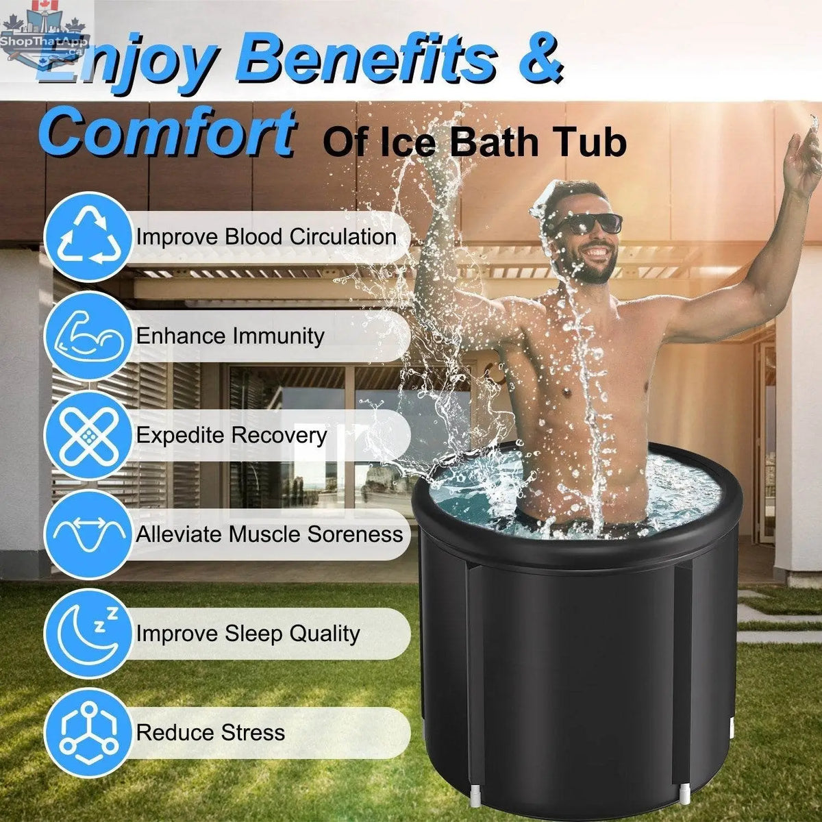 Large ice bath tub with cover, portable cold plunge for athletes, 33.46x33.46x29.52 inches, with 3-step folding ladder and sturdy load capacity.