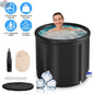 Large ice bath tub for adults with cover, portable cold plunge tub with ladder, 33x33x30 inches, suitable for athlete recovery.