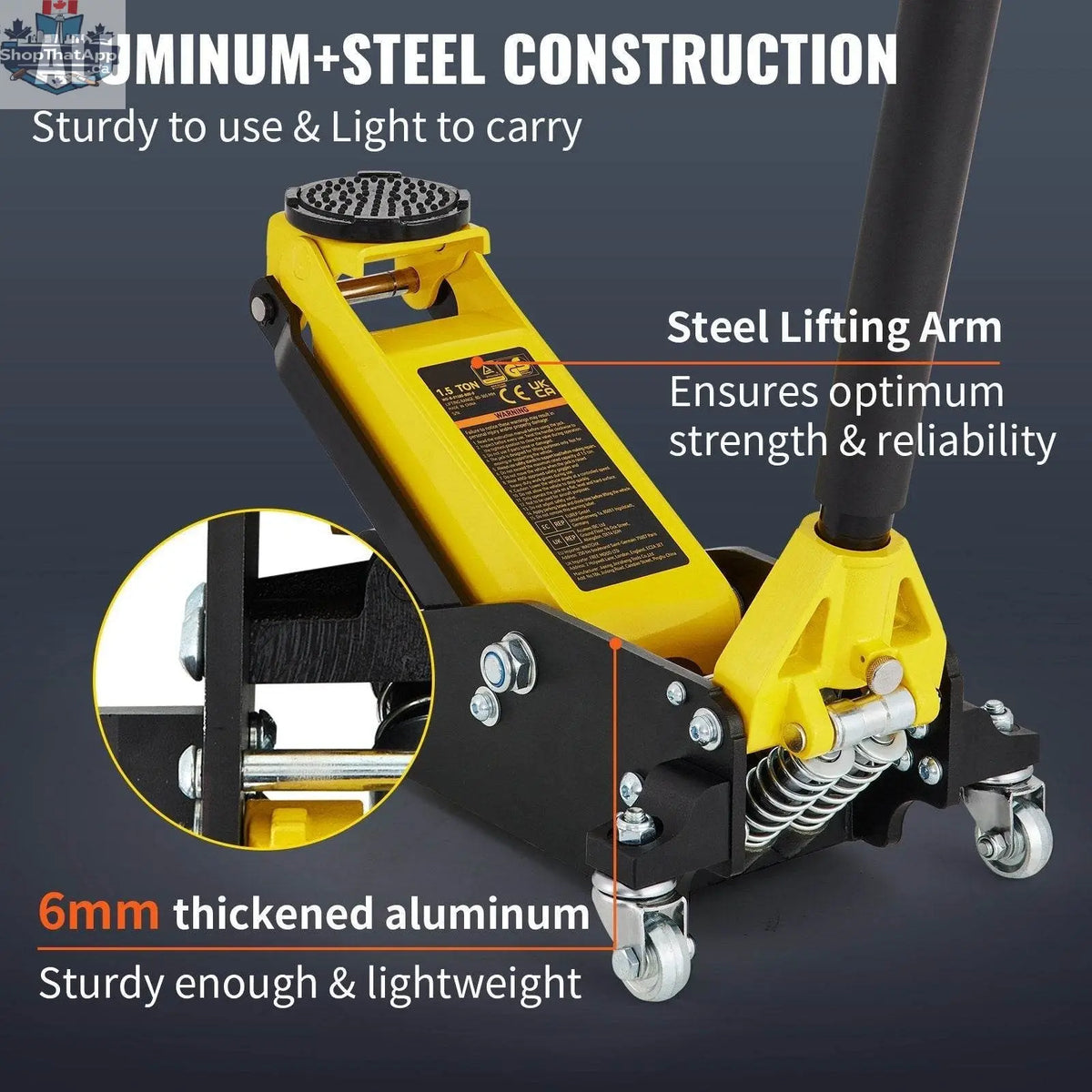 Aluminum and steel 1.5 ton low profile racing car jack with dual lift mechanism, shown in a compact, sturdy design.