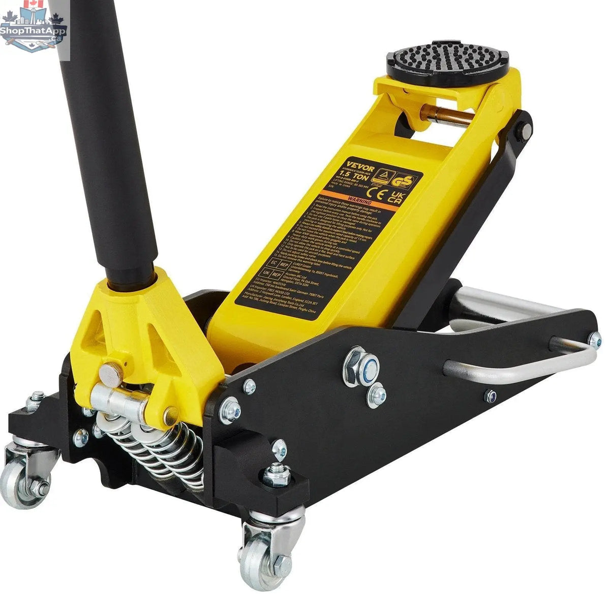 Aluminum and steel 1.5 ton low profile racing car jack with dual lift mechanism, designed for quick vehicle maintenance.