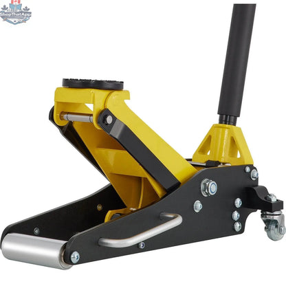 Aluminum and steel 1.5 ton low profile racing car jack with dual lift mechanism, compact design, and sturdy construction.
