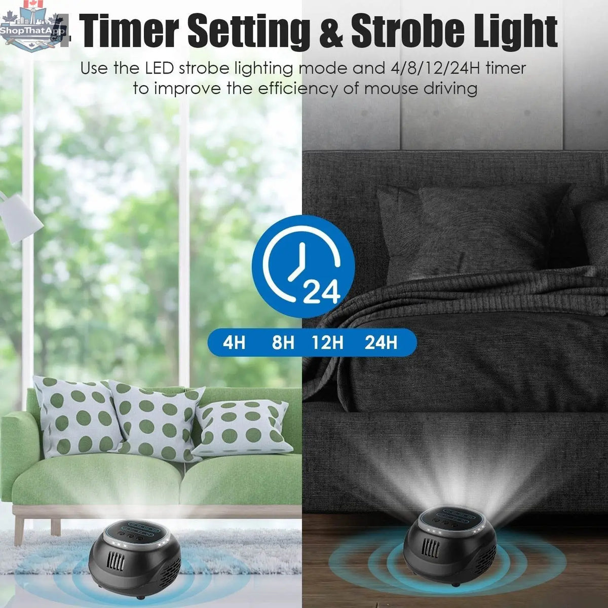 EX-STOCK Canada ultrasonic rodent repellent device with strobe light, 4 modes, targeting mice, rats, and squirrels over 1292 sq ft.